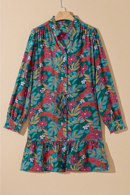 Green Floral Friled V Neck Puff Sleeve Ruffled Shirt Dress