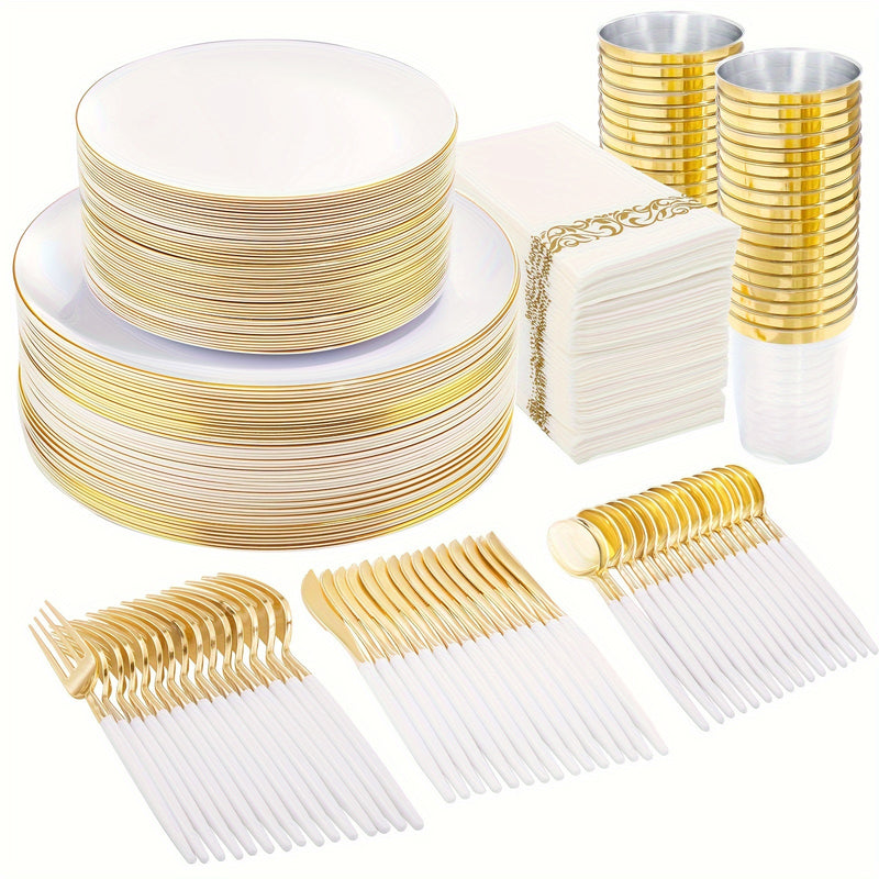 700pcs Golden Disposable Dinnerware Set, White Plastic Plates, Disposable Heavy Duty Tableware Set, Include 100 Golden Dinner Plates, 100 Dessert Plates, 300 Rolled Napkins With Golden Plastic Cutlery, 100 Plastic Cups, Party