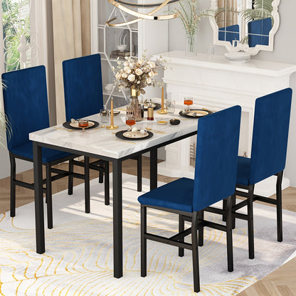 5 Piece Dining Table & Chair Set with 4 Velvet Upholstered and Density Sponge Padded Dining Chairs, Modern Style Kitchen Table Furniture Set with Faux Marble Table Top, 4-Person Metal and Wood Breakfast Nook Dinette Set for K