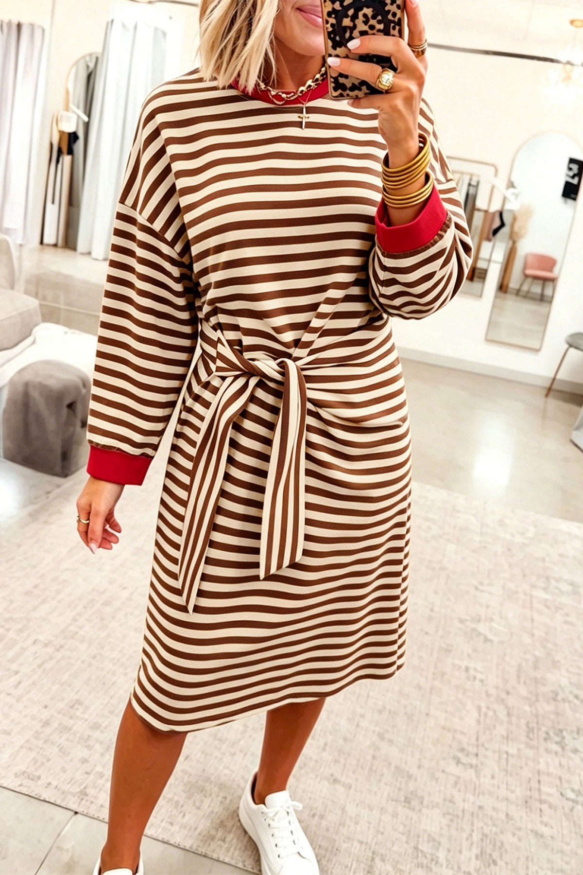 Brown Stripe Striped Colorblock Cuffs Round Neck Long Sleeve Shift Dress