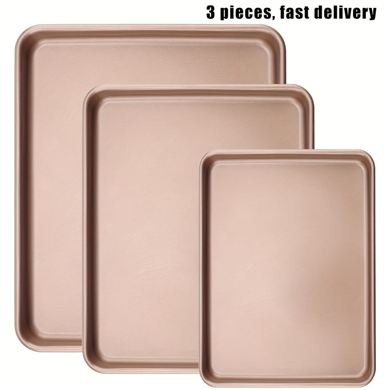 3 Pieces Baking Tray Sets, 9 11 13 Inch Nonstick Baking Sheets for Oven, Cookie Sheets Cake Pan Set Rectangular Bakeware for Brownie Cake Bread Cookie, Golden