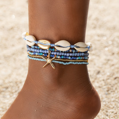 6pcs Set Unisex Glass Bead Anklets with Faux Shell & Starfish Pendants, Random Size & Quantity, Simple Vacation Style, Summer Beach Foot Jewelry for Daily & Holiday Wear