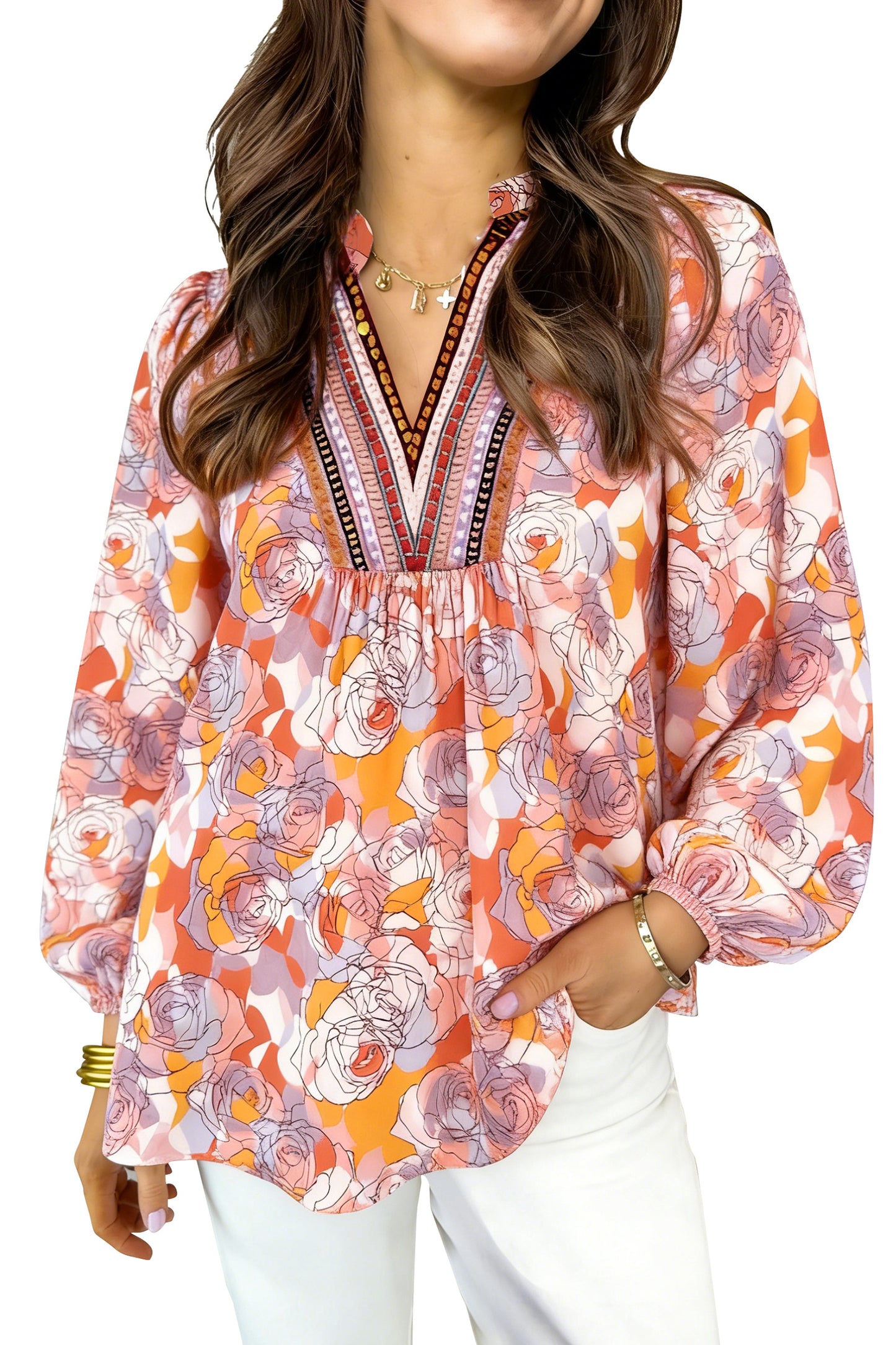 Pink Floral Print V Neck Long Sleeve Shift Blouse