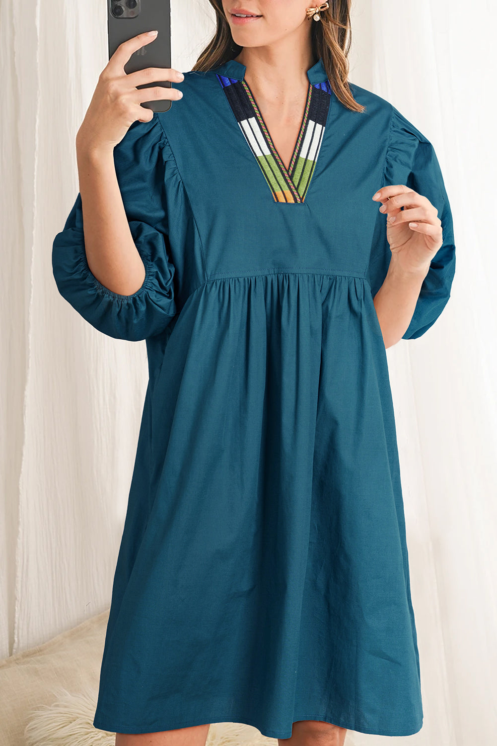 Blue Sapphire Colorblock Split V Neck Puff Sleeve Mini Dress