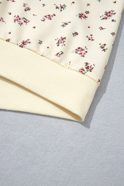 Beige Floral Print Colorblock Cuffs Hem Plus Size Blouse