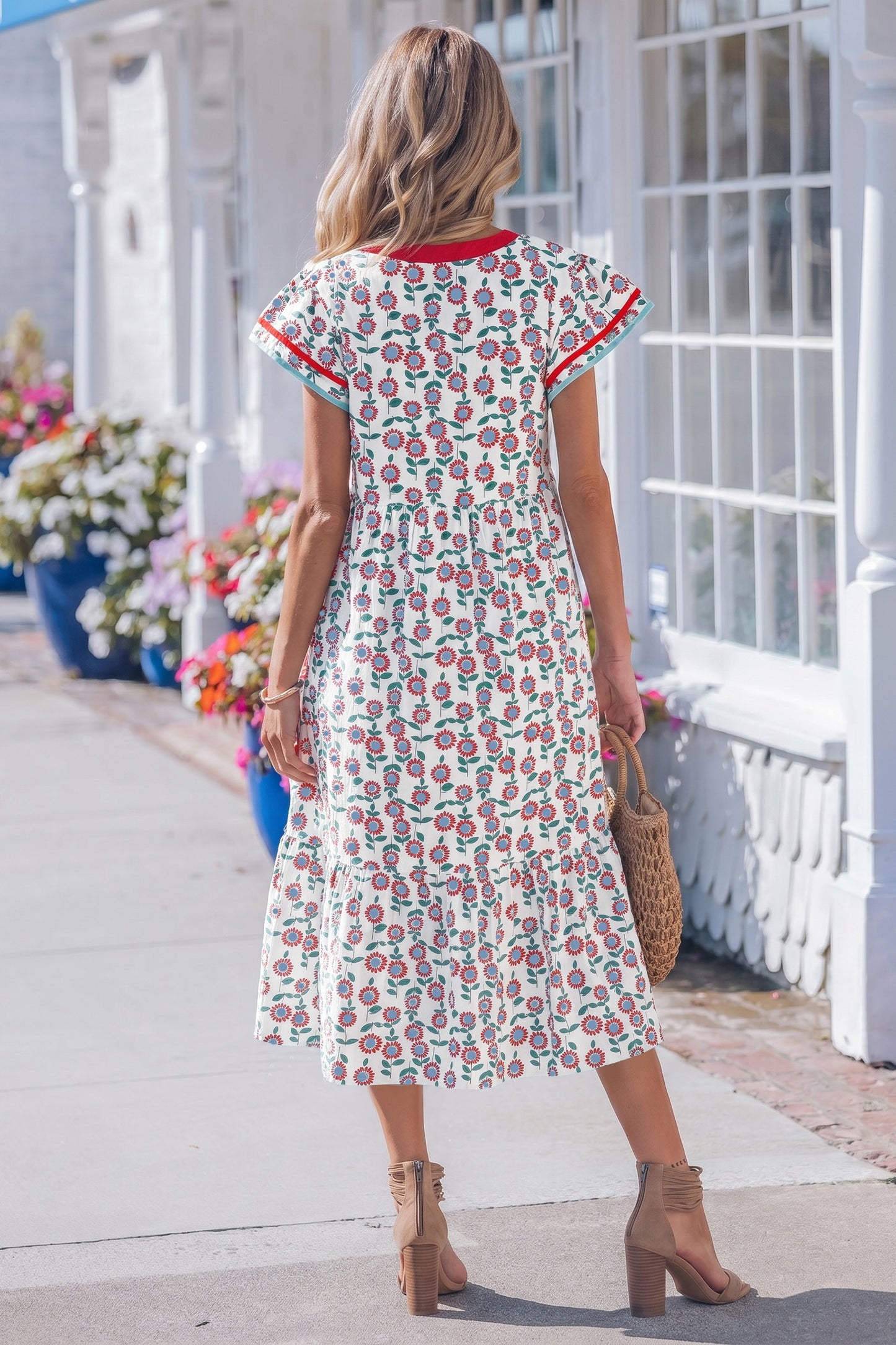 Red Cute Sunflower Printed Striped Patchwork Trim Flutter Sleeve Long Dress