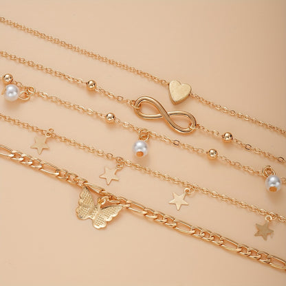 Bohemian Chic 4-Piece Anklets Set, Golden With Heart, Butterfly, Infinity & Star Charms, Faux Pearl Accents, Metal Anklets For Beach Party
