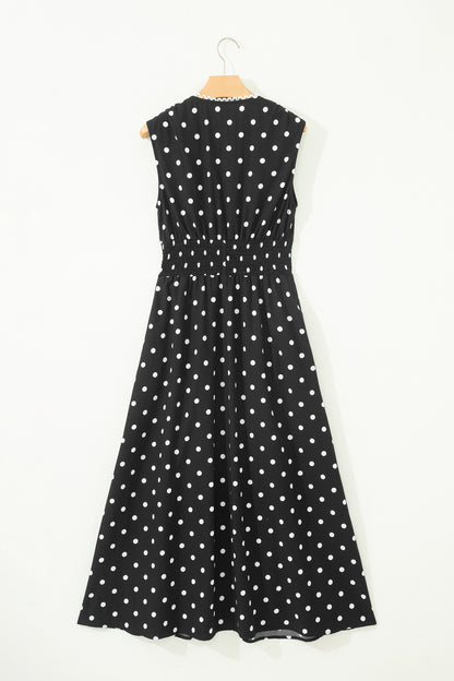 Black Polka Dot Print Contrast Trim V Neck Zip Up Sleeveless Dress