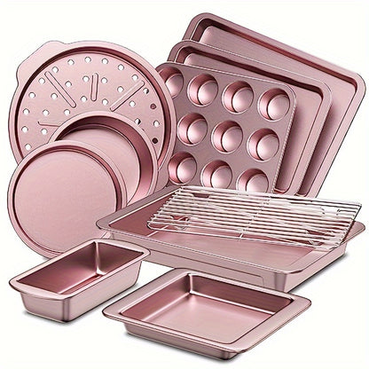 HONGBAKE Bakeware Sets, Baking Pans Set, Nonstick Oven Pan For Kitchen With Wider Grips, 10-Piece Including Rack, Cookie Sheet, Cake Pans, Loaf Pan, Muffin Pan, Pizza Pan