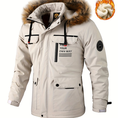 Herren-Winterwindjacke mit warmer Kapuze – Bordeauxroter Outdoor-Mantel mit Reißverschluss, Stehkragen, mehreren Taschen, lässig-sportliches Design für kaltes Wetter, Winterjacke