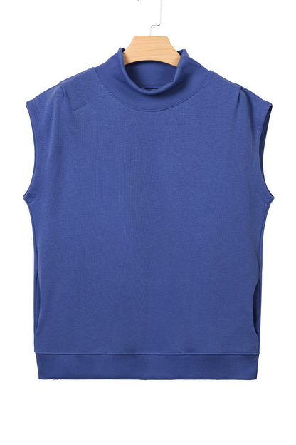 Sky Blue Solid Color High Neck Cap Sleeve Loose Top