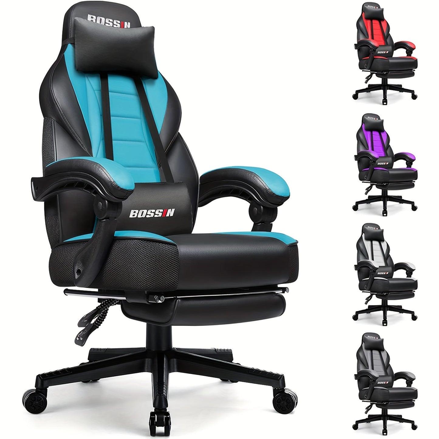 BOSSIN Gaming Chair With Massage, PU Leather Computer Desk Chair With Footrest And Headrest, Ergonomic Heavy Duty Design, Large Size High-Back E-Sports - For Gamers - Suitable for Long Hours of Gaming - Perfect Gift for Gamer