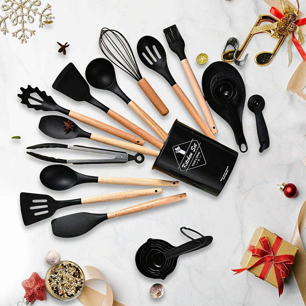 34pcs/set, Wooden Handle Silicone Kitchenware Set, Kitchen Baking Cooking Tools Set High Temperature Resistant Non-stick Pot Special Kitchenware, Kitchen Stuff Baking Supplies