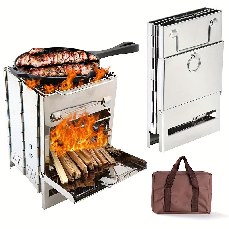 1pc Portable Mini Folding Wood Burning Camping Stove, Lightweight Stainless Steel Wood Stove - Perfect For Camping, Picnics, BBQ And Outdoor Cooking, Durable And Efficient.
