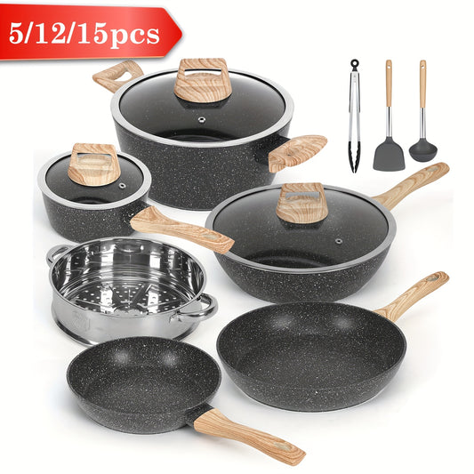 5/12/15pcs Non-stick Pan & Pot Set, Kitchen Cookware Set Detachable Handle, Non-stick Cooker Induction Cookware Set, Detachable Handle, Cookware Set for Commercial Cooking Tools