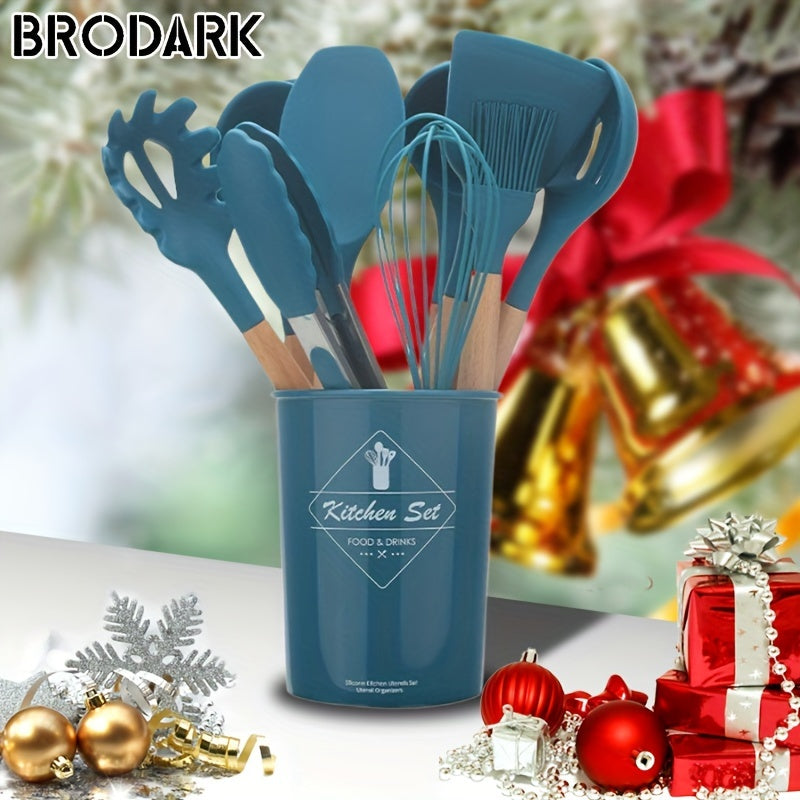 12pcs/set, Brodark, Silicone Cooking Utensils Set With Wooden Handle, Colorful Non-stick Pot Special Cooking Tools Set, Heat Resistant Turner, Tongs, Spatula, Spoon, Oil Brush And Whisk, Kitchen Supplies, Suitable For Restaur