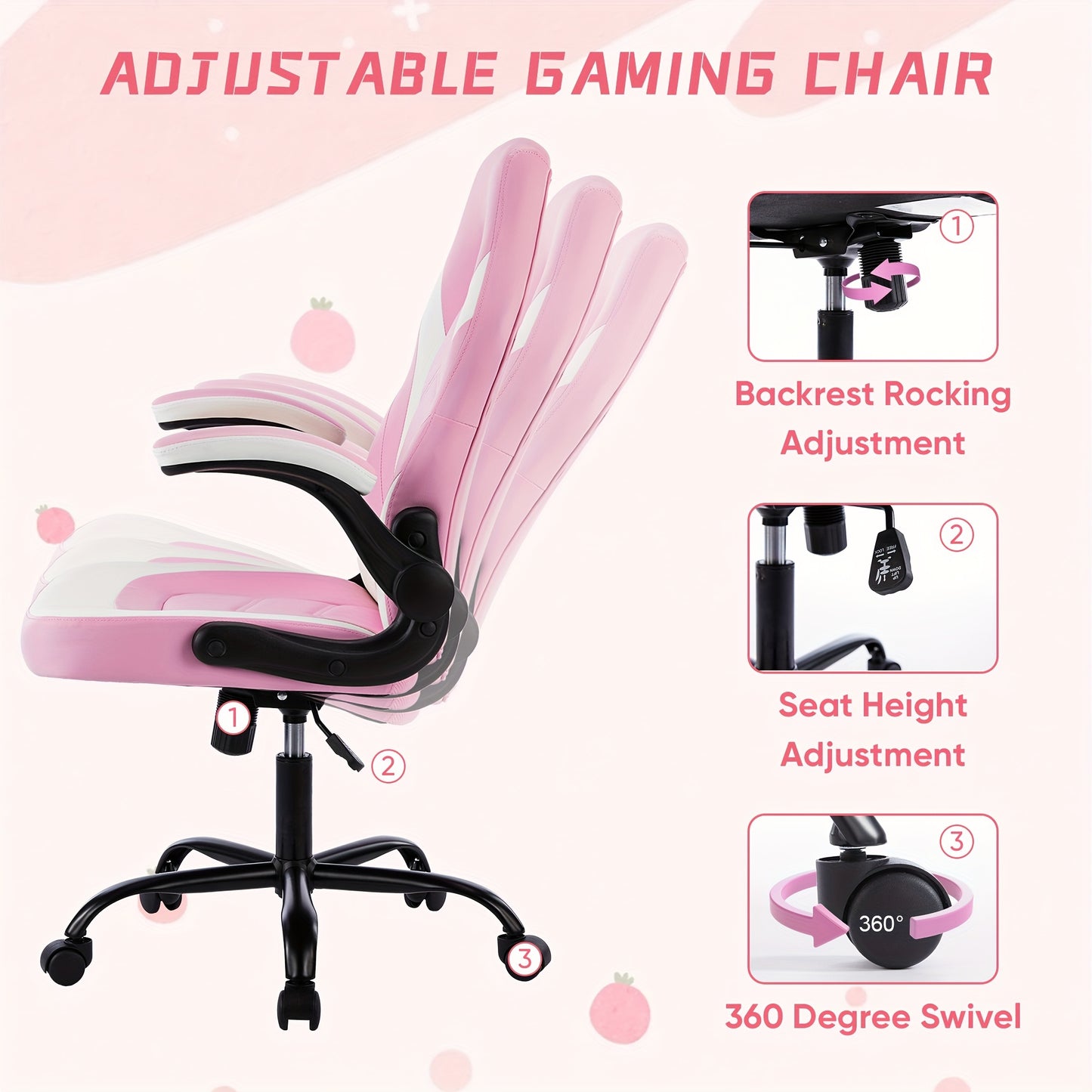 OLIXIS Computer Gaming Chair, Office Desk PU Leather Chair with Padded High Back Flip-up Armrests, Swivel Task Chair Adjustable Height, pink