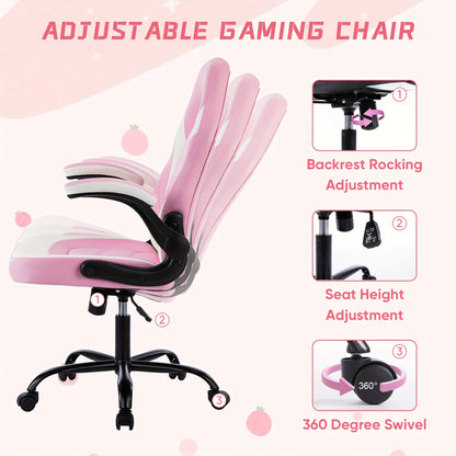 OLIXIS Computer Gaming Chair, Office Desk PU Leather Chair with Padded High Back Flip-up Armrests, Swivel Task Chair Adjustable Height, pink