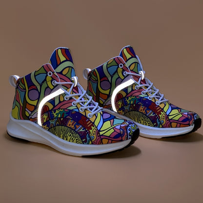 [Reflektierende Sneaker] Leichte, reflektierende Damen-Sneaker mit handbemaltem Cartoon-Print | Schnürschuhe für den Alltag mit weichem Obermaterial aus Stoff und EVA-/Gummisohle – perfekt für den Winter.
