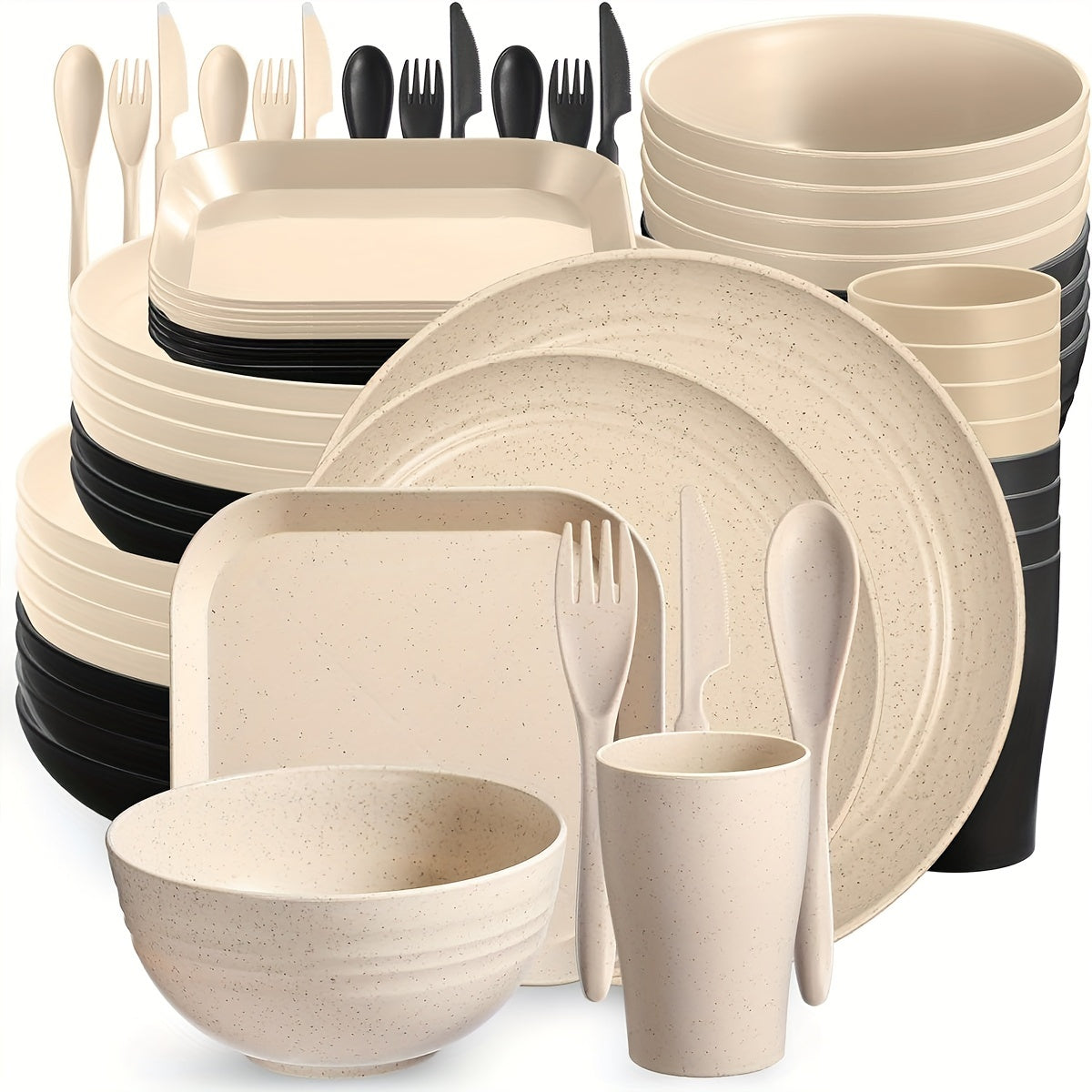 64pcs/set Wheat Straw Unbreakable Dinnerware Set - Durable, Reusable, Dishwasher Safe Tableware for Indoor/Outdoor Use - Includes Plates, Bowls, Mugs, Cutlery in Beige Color