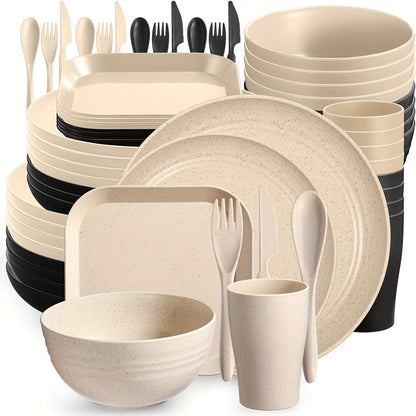 64pcs/set Wheat Straw Unbreakable Dinnerware Set - Durable, Reusable, Dishwasher Safe Tableware for Indoor/Outdoor Use - Includes Plates, Bowls, Mugs, Cutlery in Beige Color