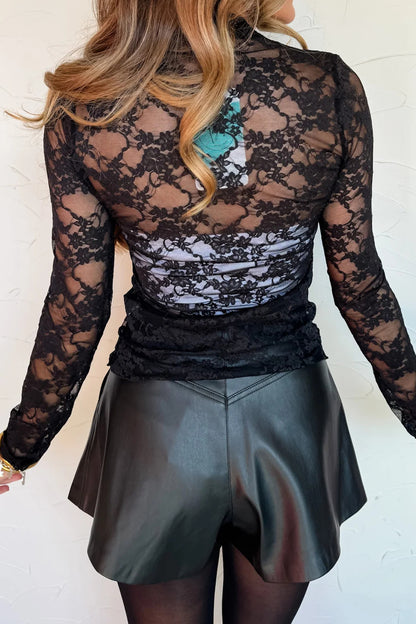 Black Sheer Floral Lace Lettuce Trim Mock Neck Long Sleeve Top