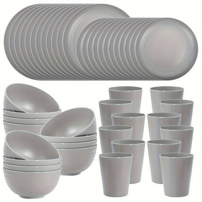 48pcs Gray Straw Dinnerware, Plates And Bowls Set, Camping Dish Set For 12, Plastic Dinnerware Set, Dishwasher Safe Gray Dinnerware Set, Unbreakable Plates, Camper Dish Sets, Reusable Tableware