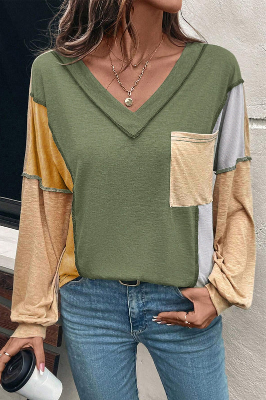 Jungle Green Exposed Stitching Colorblock V Neck Long Sleeve Top
