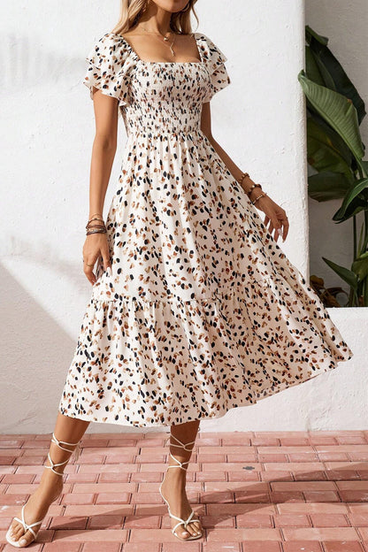 Beige Ditsy Floral Print Smocked Square Neck Ruffle Short Sleeve Dress