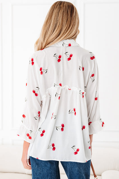 White Cherry Print Flounce Sleeve Collared Frilled Babydoll Blouse