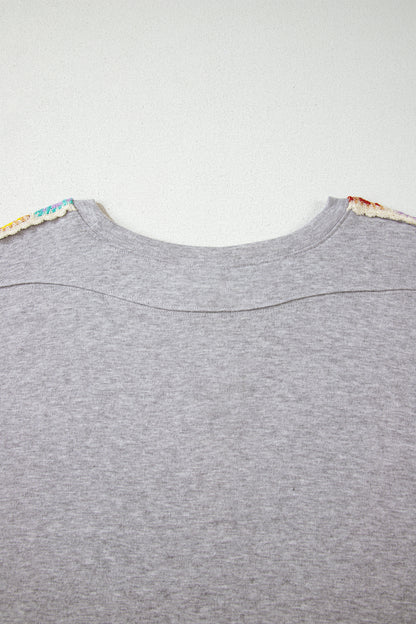 Light Grey Granny Square Crochet Detail Loose T Shirt