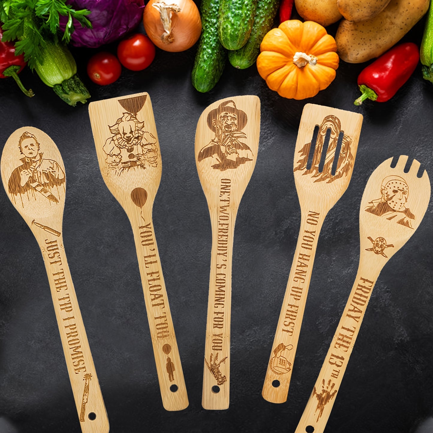 5Pcs Cooking Spoons, Funny Engraved Wooden Cooking Spoons, Horror Character Bamboo Wood Utensils, Cookware Kit, Horror Movie Theme Kitchen Decor, Gift For Movie Lover, Christmas Party Housewarming Birthday Gift