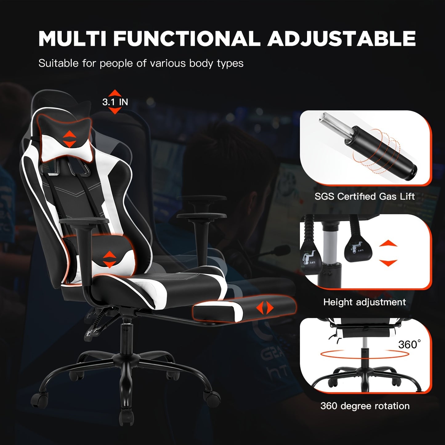 Ergonomic Office Gaming Chair, Video Game Chair with Footrest and Massage Lumbar Support, Ergonomic Computer Chair Height Adjustable with Swivel Seat and Headrest, White
