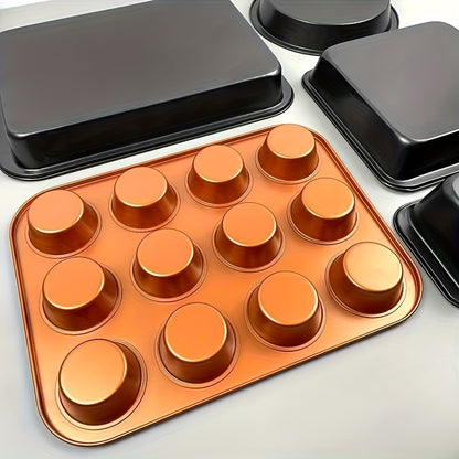 5pcs/set, Nonstick Bakeware Set, Baking Pans Set With Round Cake Pan, Square Cake Pan, Loaf Pan, Muffin Pan & Roasting Pan, Baking Sheet Set Dishwasher Safe Easy Clean For Oven Safe