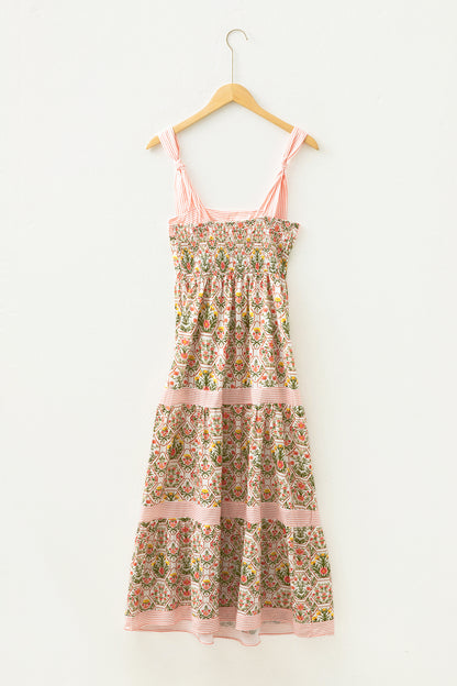 Green Geometric Floral Print Striped Patchwork Detail Sleeveless Dress（Runs Small ）