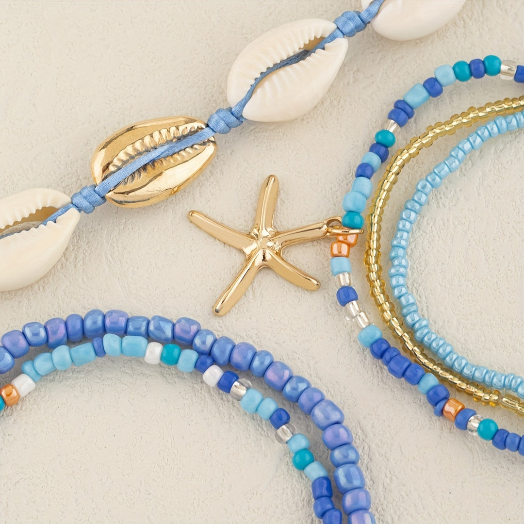 6pcs Set Unisex Glass Bead Anklets with Faux Shell & Starfish Pendants, Random Size & Quantity, Simple Vacation Style, Summer Beach Foot Jewelry for Daily & Holiday Wear