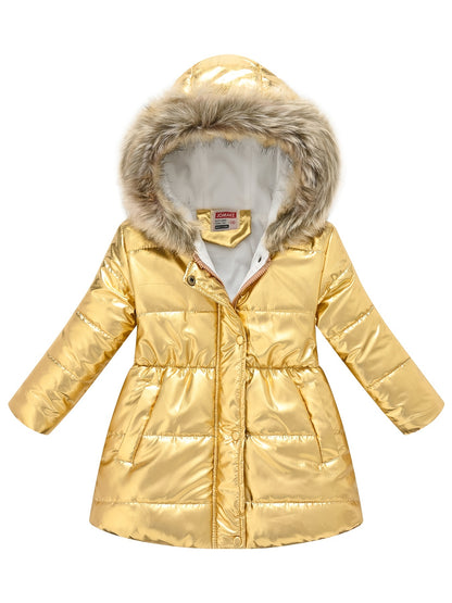 Winterjacke für Kinder im neuen Stil: Dicke, glänzende Kapuzenjacke für Jungen und Mädchen, mittellang
