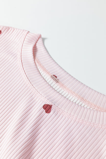 Light Pink Valentine Heart Shape Print Ribbed Knit Short Lounge Set