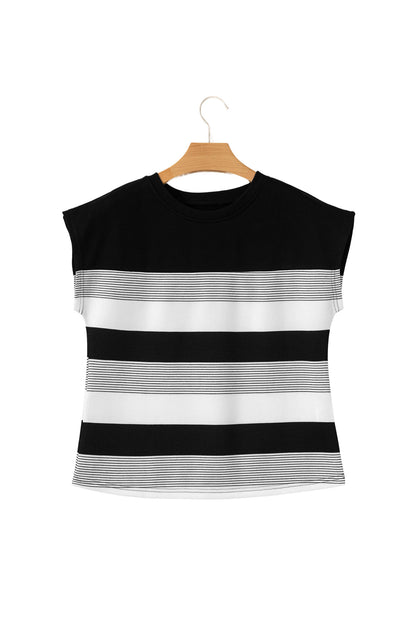 Black Stripe Mixed Print Crew Neck Cap Sleeve T Shirt