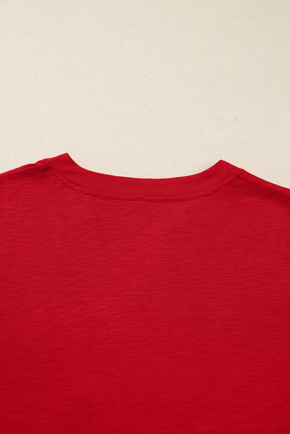 Racing Red Solid Color Button V Neck Long Sleeve Top