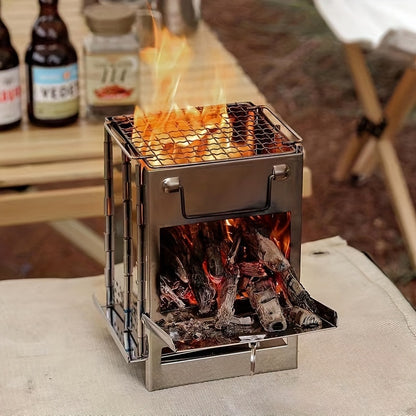 1pc Portable Mini Folding Wood Burning Camping Stove, Lightweight Stainless Steel Wood Stove - Perfect For Camping, Picnics, BBQ And Outdoor Cooking, Durable And Efficient.