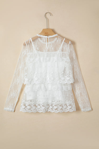 White 2pcs Sheer Floral Lace Ruffle Tiered Patchwork Blouse