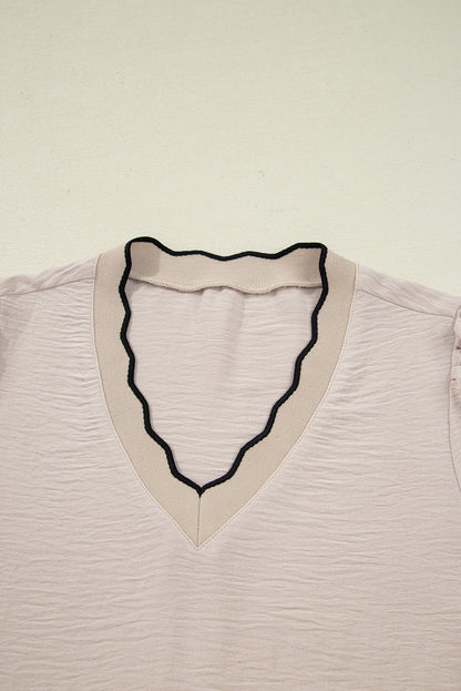Jet Stream Contrast Scallop Trim V Neck Long Sleeve Blouse