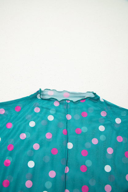 Green Polka Dot Patterned Bodycon Mock Neck Mesh Long Sleeve Top