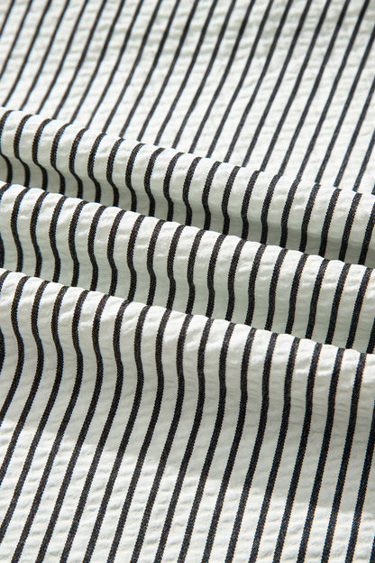 Black Stripe Frilled Detail Half Buttons Short Sleeve Long Dress