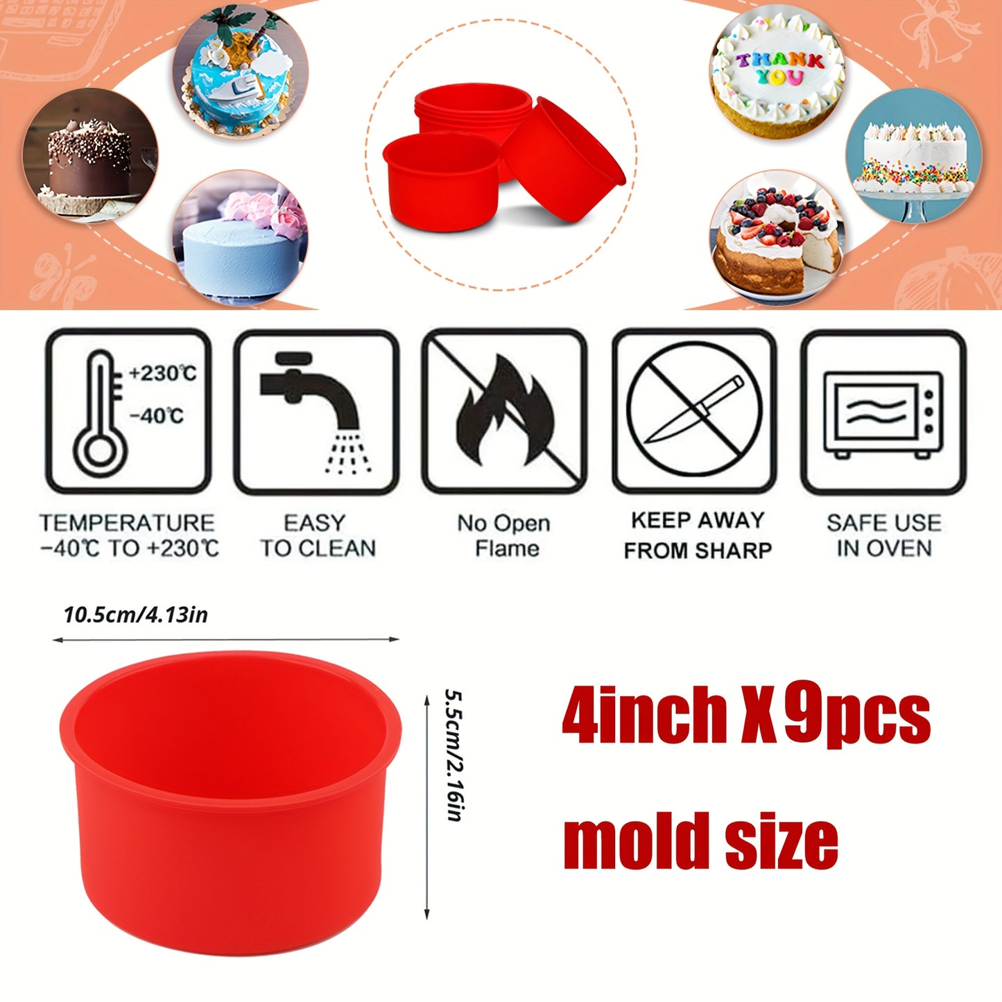 9pcs Silicone Mini Cake Molds Set, 4 Inch Red Round Baking Pan Non-Stick Silicone Baking Molds Bakeware Pan Reusable Cake Pans for Chiffon Mousse, Cupcake, Layer Cake, Cheese Cake, Rainbow Cake
