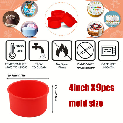 9pcs Silicone Mini Cake Molds Set, 4 Inch Red Round Baking Pan Non-Stick Silicone Baking Molds Bakeware Pan Reusable Cake Pans for Chiffon Mousse, Cupcake, Layer Cake, Cheese Cake, Rainbow Cake