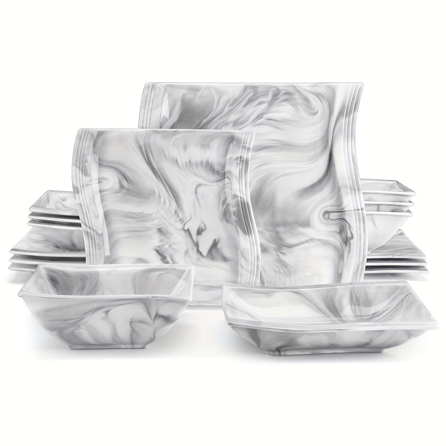 16pcs Luxurious Marble Grey Dinnerware Set - Chip-Resistant Porcelain Plates & Bowls - Complete Square Tableware Service for 4 - Ideal for Home, Restaurants & Hotels