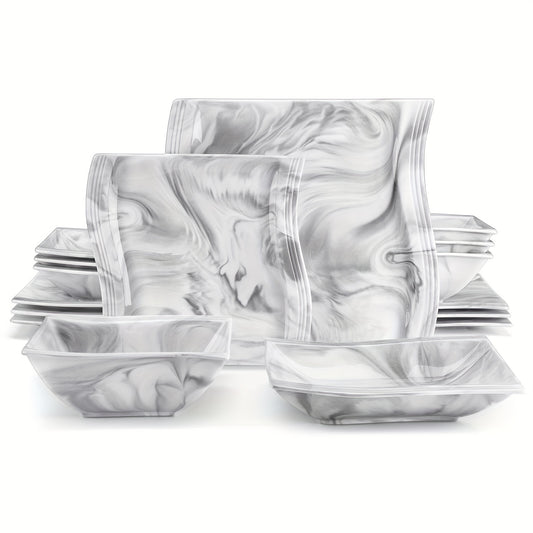 16pcs Luxurious Marble Grey Dinnerware Set - Chip-Resistant Porcelain Plates & Bowls - Complete Square Tableware Service for 4 - Ideal for Home, Restaurants & Hotels