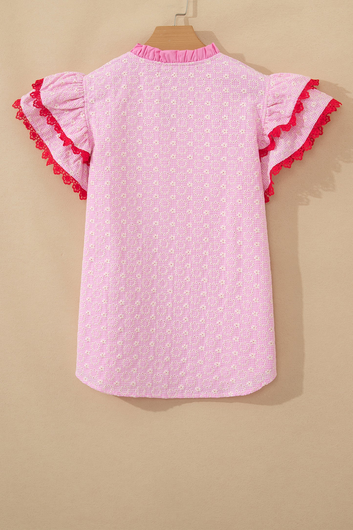 Pink Eyelet Embroidered Flower Texture Contrast Lace Trim Flutter Sleeve Blouse